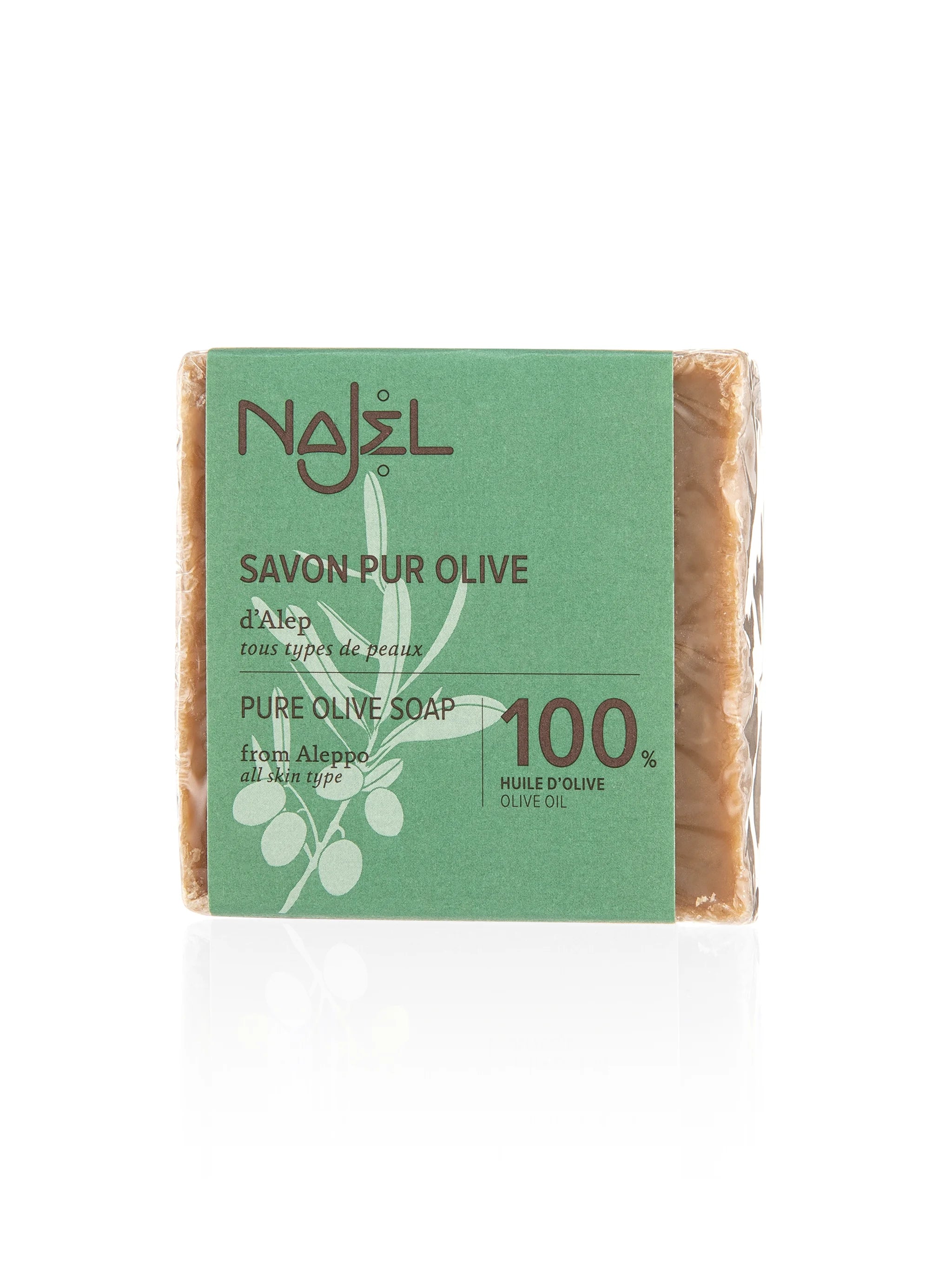 Bar of Najel olive soap with green label on a white background