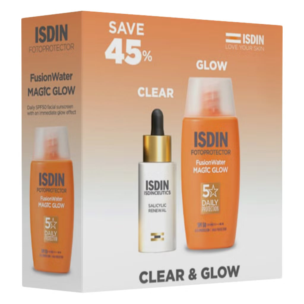 ISDIN sun protection product packaging with two bottles and a dropper on an orange background.