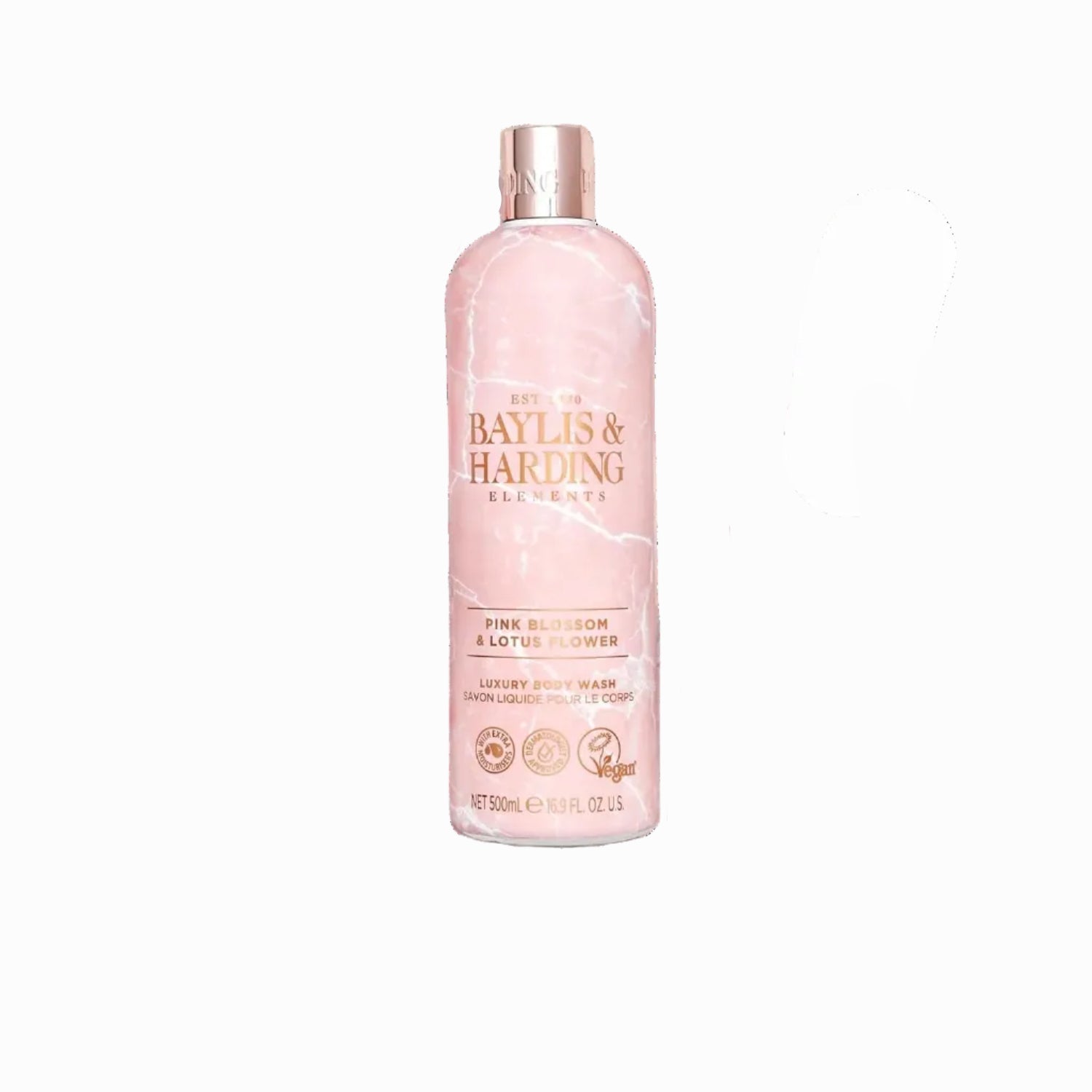 Pink bottle of Baylis & Harding body wash with cherry blossoms on a light background