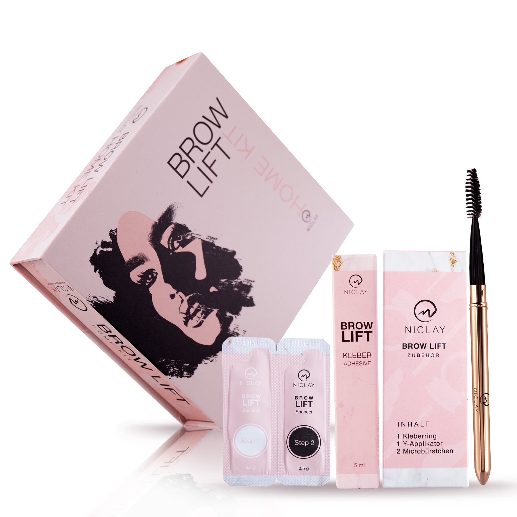 Niclay Brow Lift product set with packaging, applicator, and components on a white background