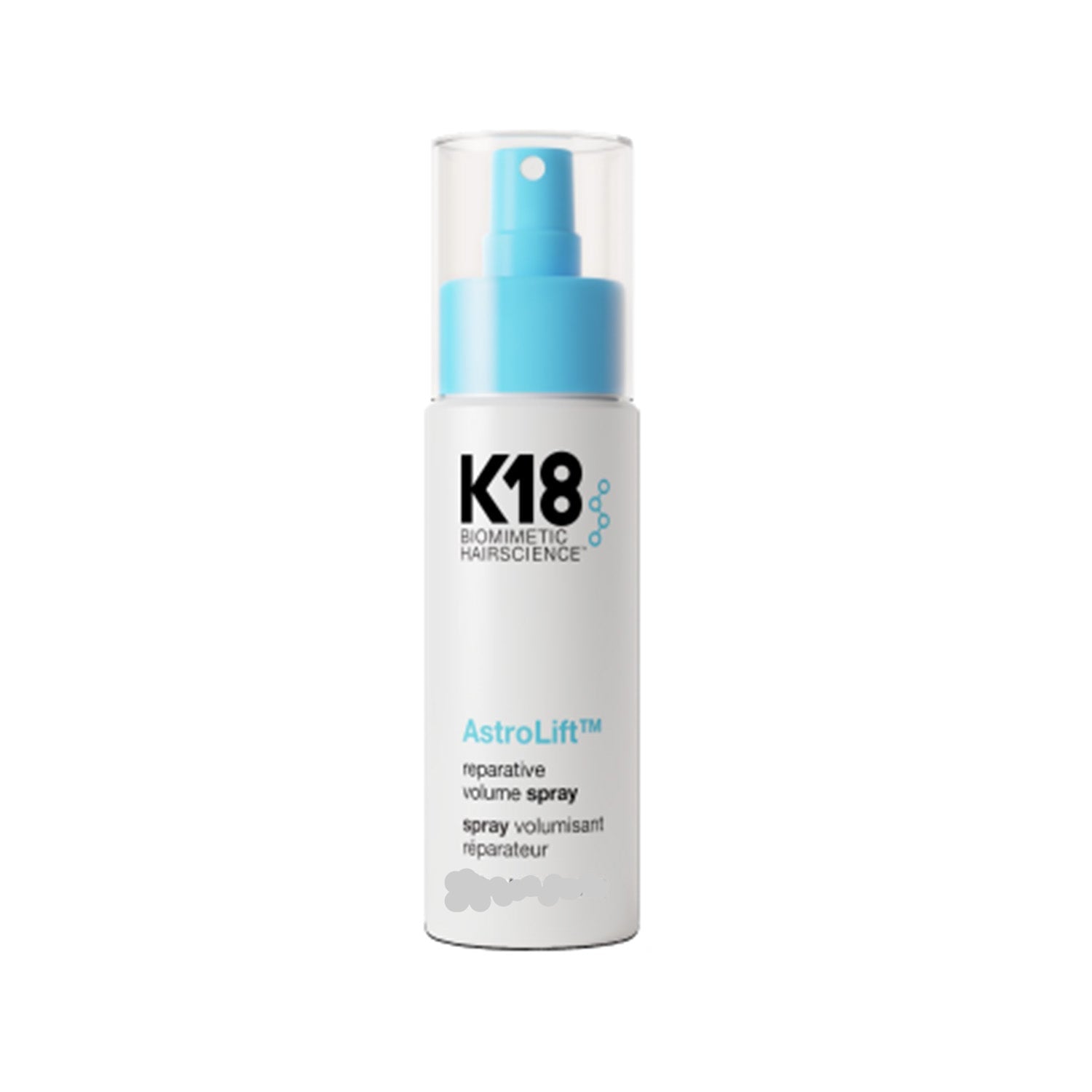 K18 AstroLift Reparative Volume Spray in a white spray bottle with blue text and accents