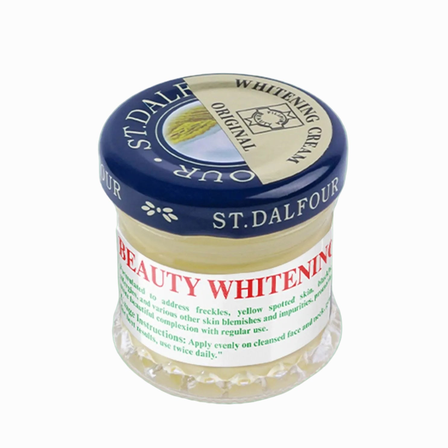 Jar of St. Dalfour Beauty Whitening Cream on a green background