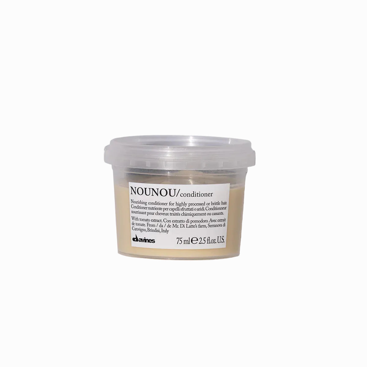 Clear plastic container with a label on a white background