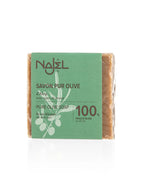 Bar of Najel olive soap with green label on a white background