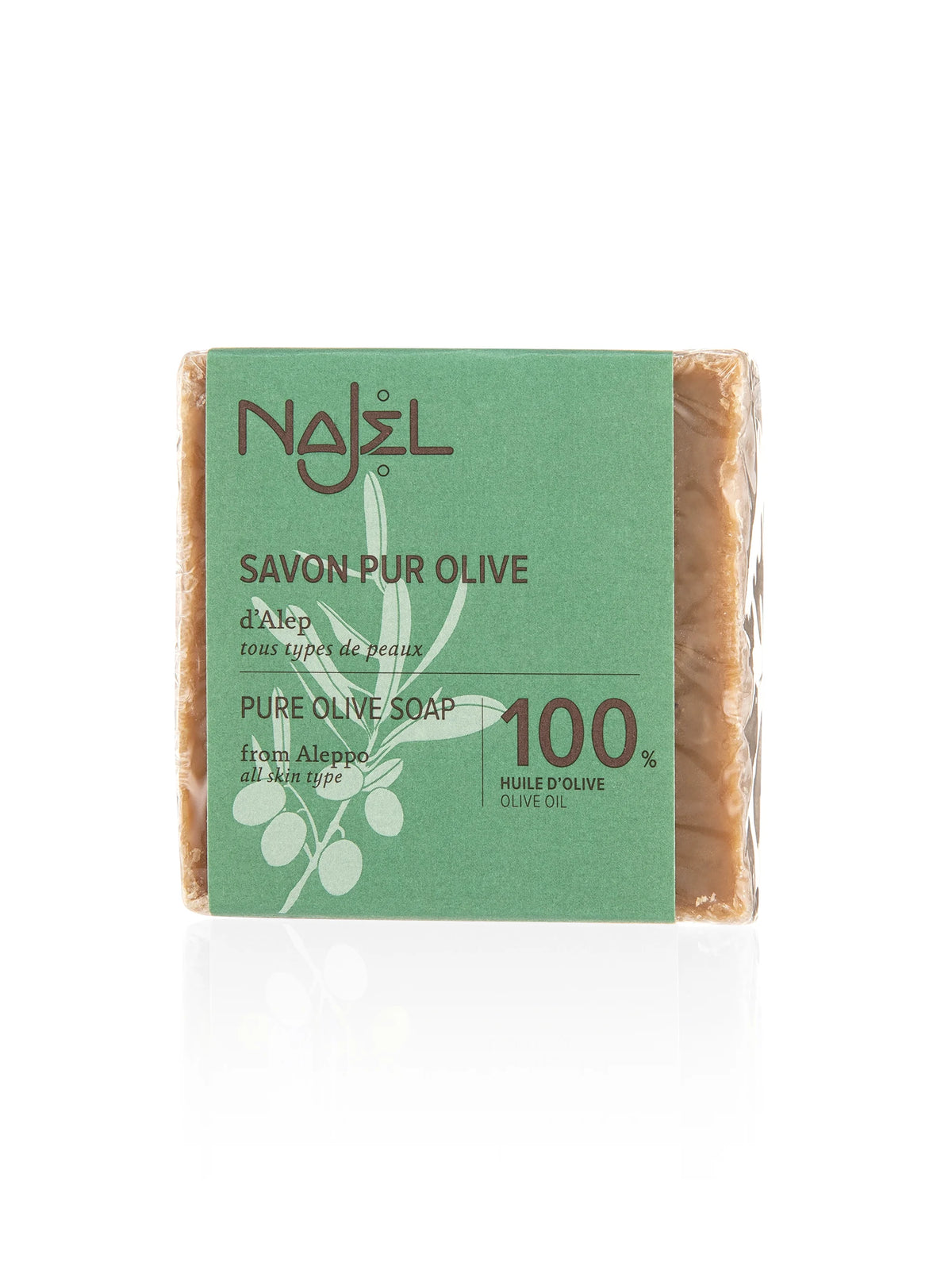 Bar of Najel olive soap with green label on a white background