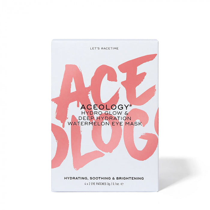 Aceology eye mask packaging with pink text on a white background