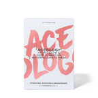 Aceology eye mask packaging with pink text on a white background