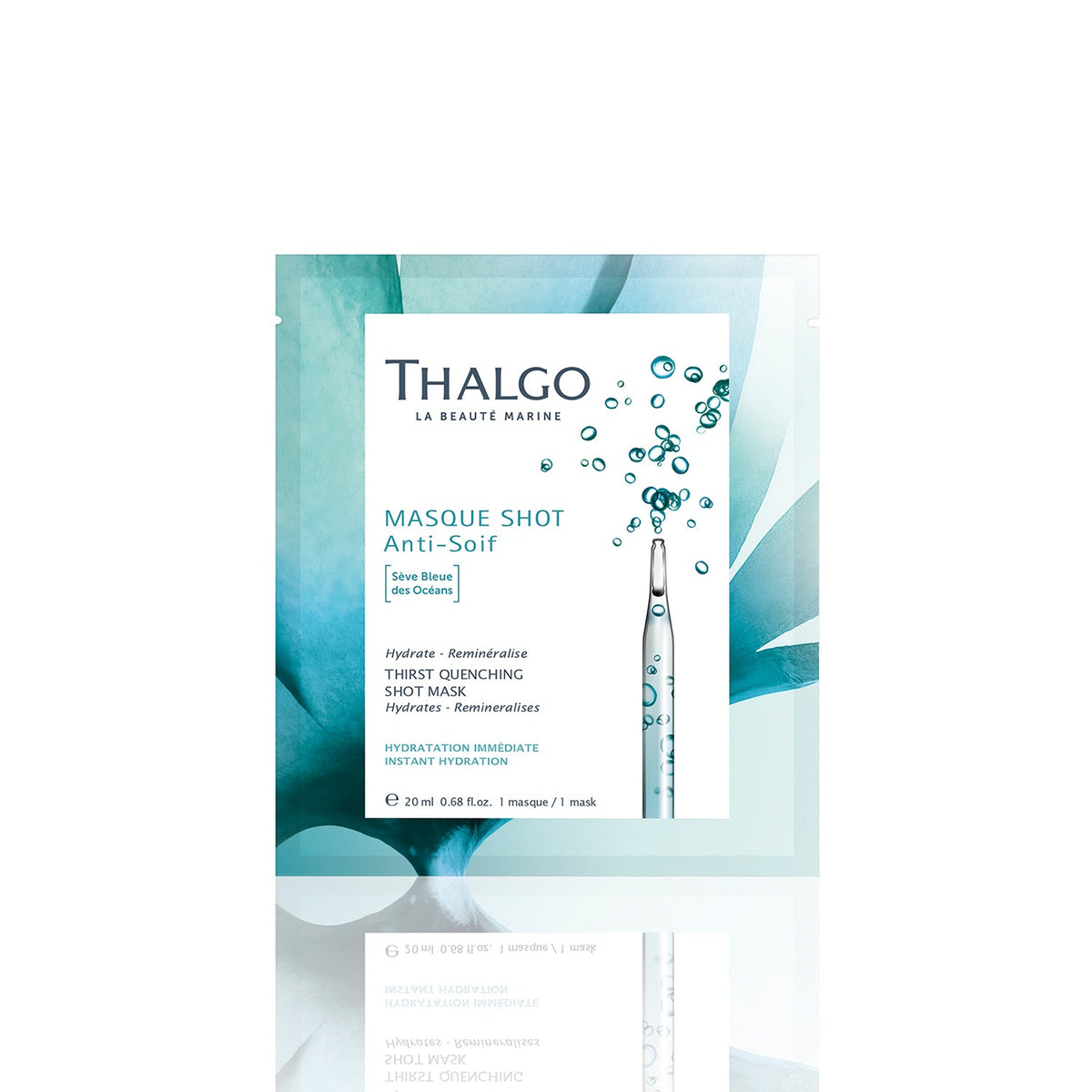 Packaging of THALGO Thirst Quenching Shot Mask, showing the product name and a graphic representation of a droplet, alongside the brand logo and a blue aquatic scene with marine life.