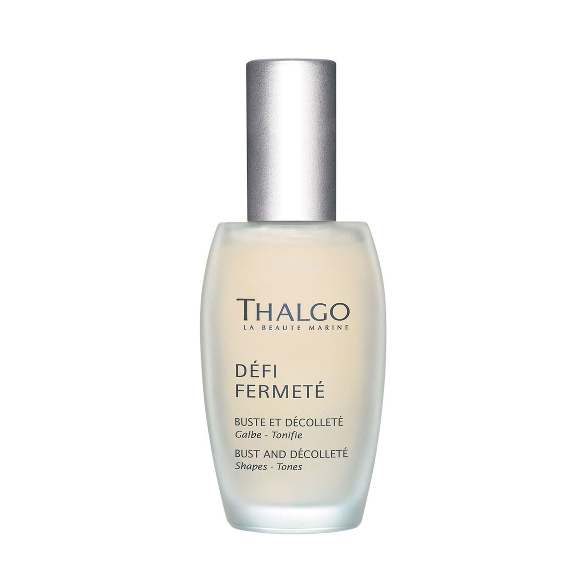 Thalgo Body Firming Bust and Decollete Cream in a clear, pump bottle with a white label.
