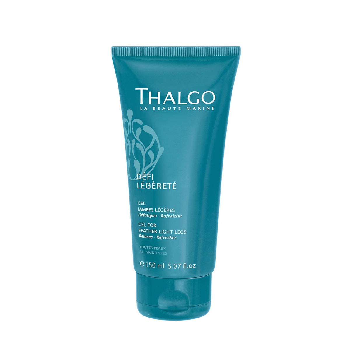 A tube of Thalgo Body Gel for Feather Light Legs, 150ml, with blue packaging.