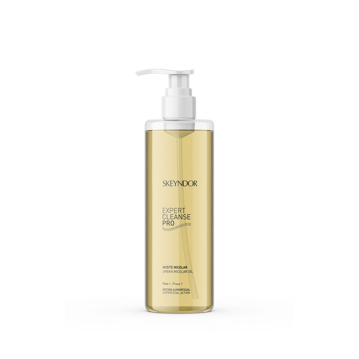 A pump bottle of Skeyndor Expert Cleanse Pro Micellar Balm to Oil 200ml, with a yellow tint and white label.