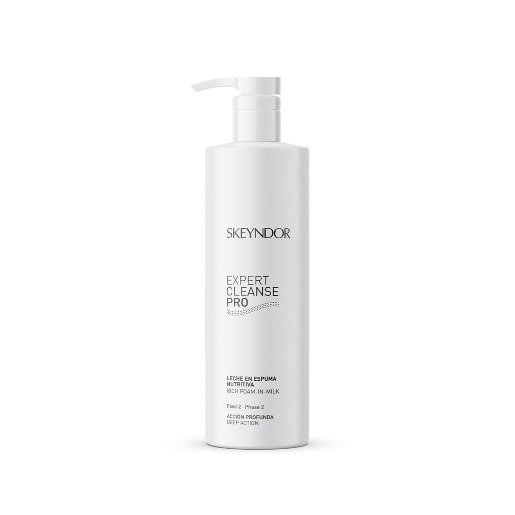 A white pump bottle labeled 'Skeyndor Expert Cleanse Pro' indicating it is a facial cleansing foam product.