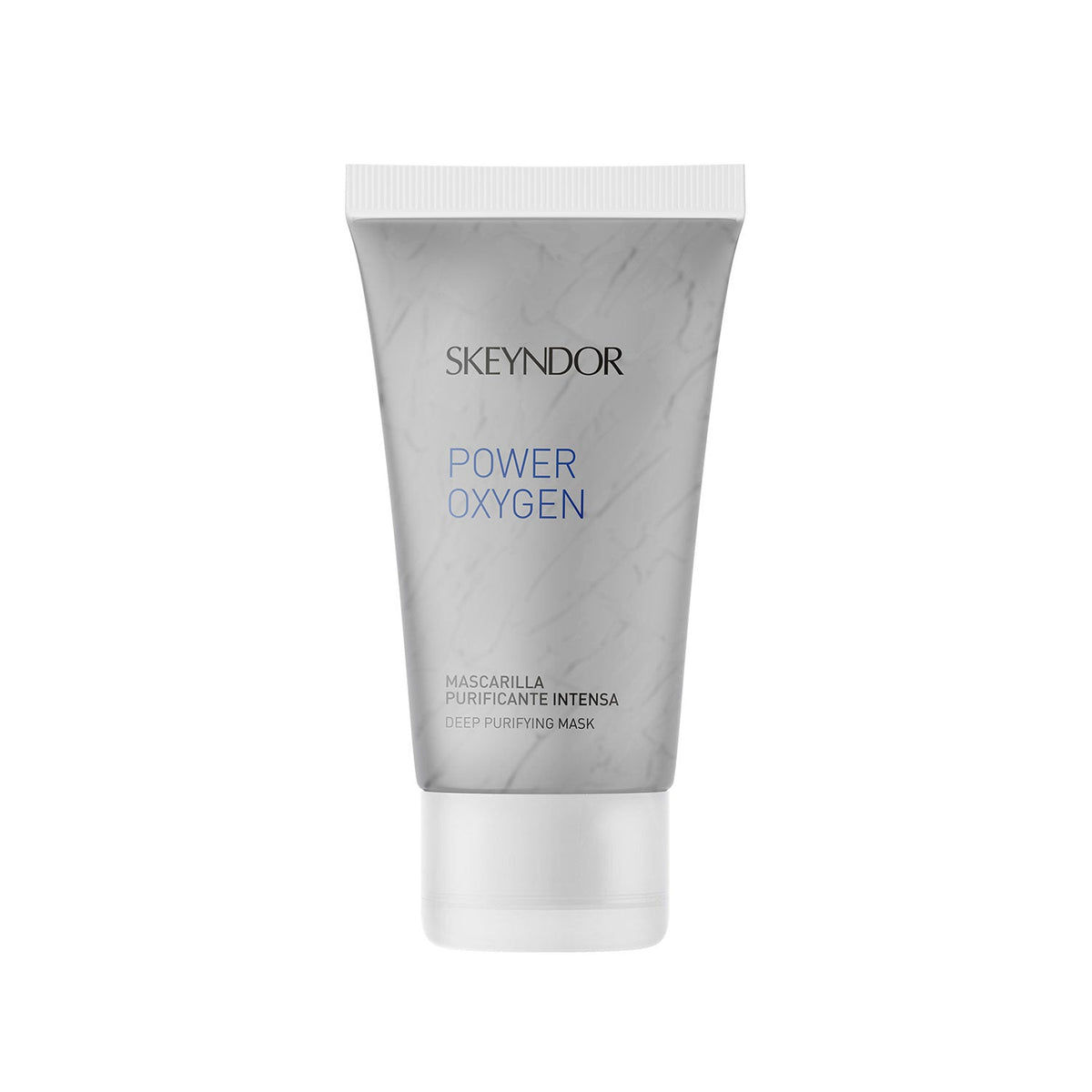 A tube of Skeyndor Power Oxygen Deep Purifying Mask with a white and grey design