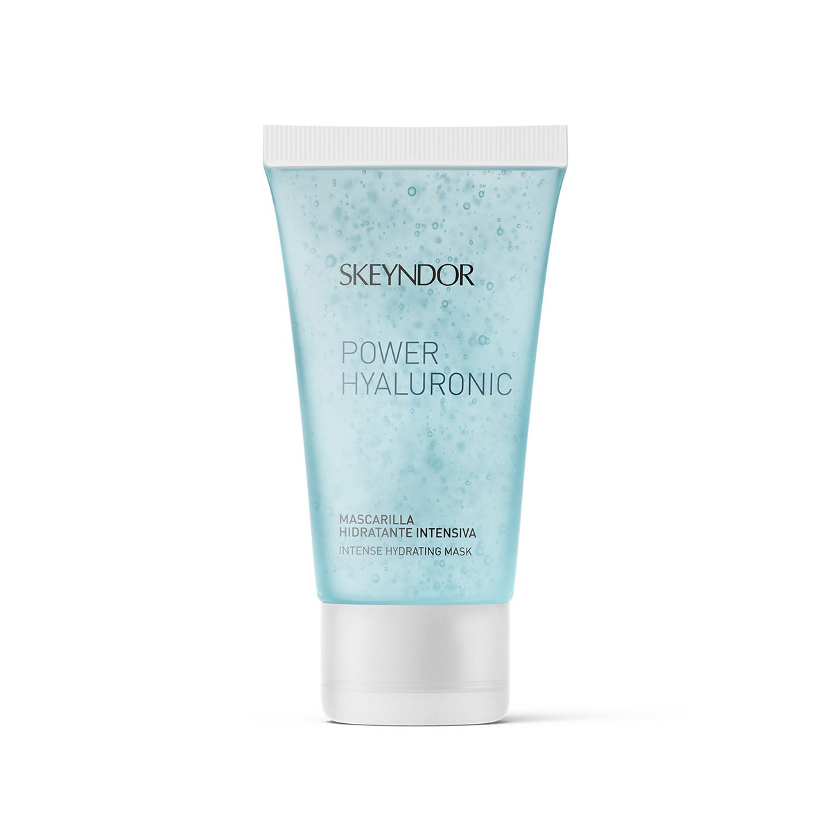 A tube of Skeyndor Power Hyaluronic Intense Hydrating Mask with a blue tone and text indicating the product name and type.