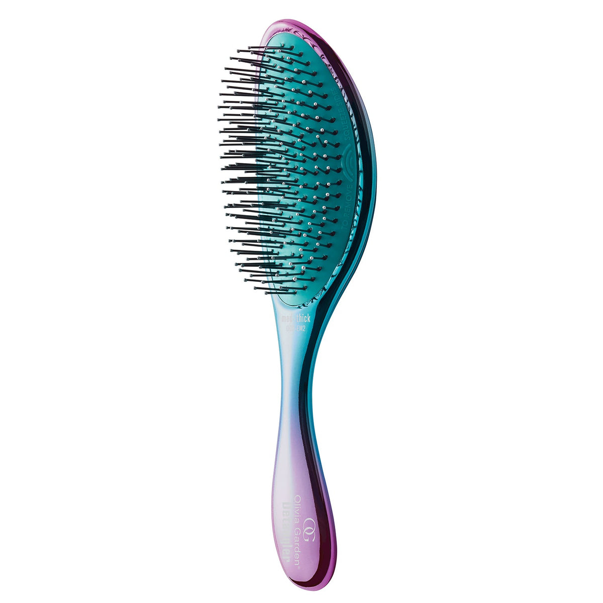 A detangling hairbrush with blue and purple bristles and handle, designed for fine to medium hair thickness.