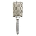 A large silver-colored hairbrush with ceramic and ion-bristles, featuring a ball-point tip design and a retractable sectioning pick at the base.