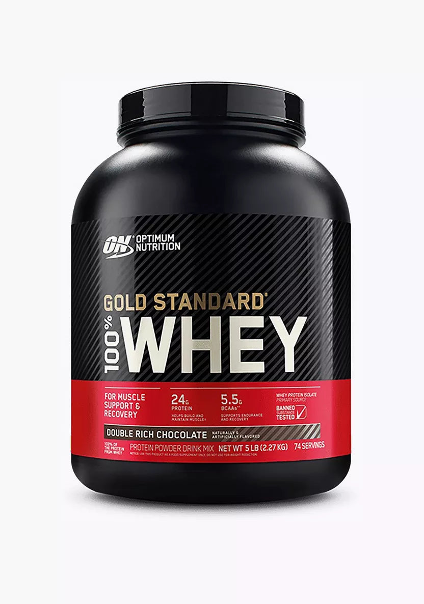 Optimum Nutrition Gold Standard 100% Whey protein powder container on a white background