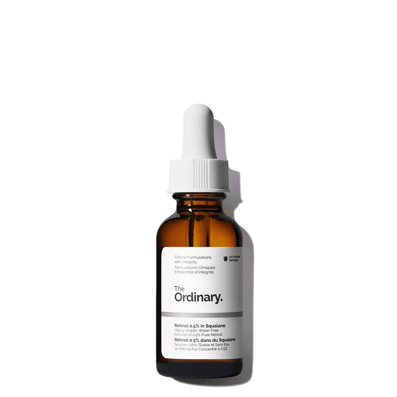 The Ordinary skincare serum bottle with dropper on a white background