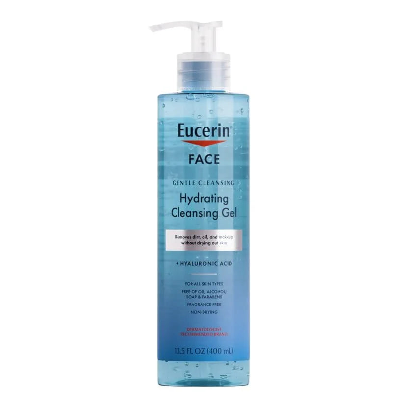 Eucerin hydrating cleansing gel bottle on a white background