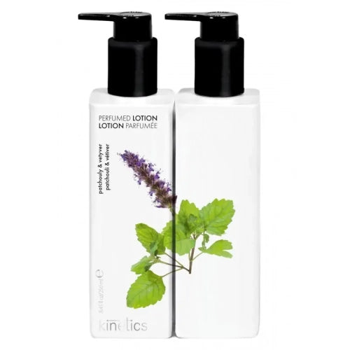 Two white Kinetics Perfumed Lotion bottles with black pumps, featuring a green leaf and purple flower illustration on the front, set against a plain white background.