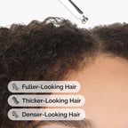 Close-up of hair with text indicating fuller, thicker, and denser hair.