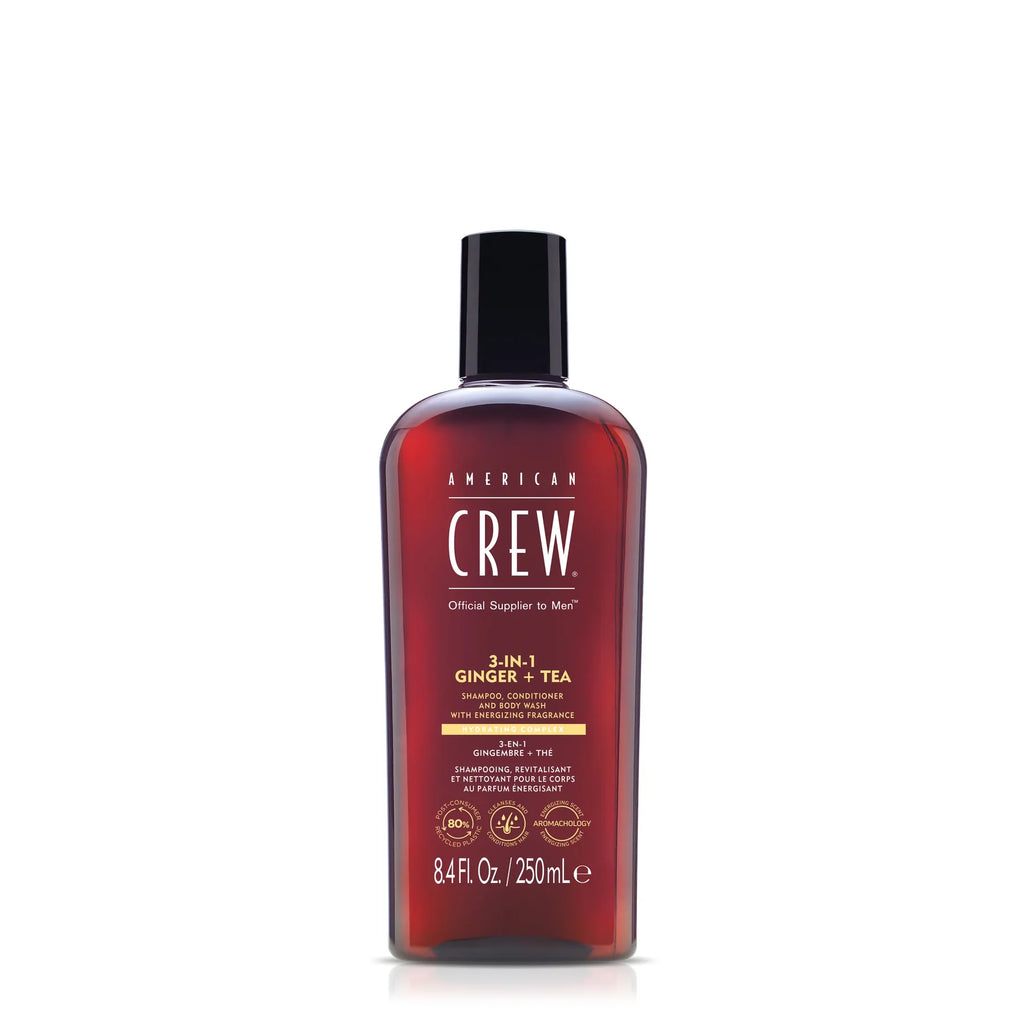 Red bottle of American Crew shampoo and conditioner on a white background