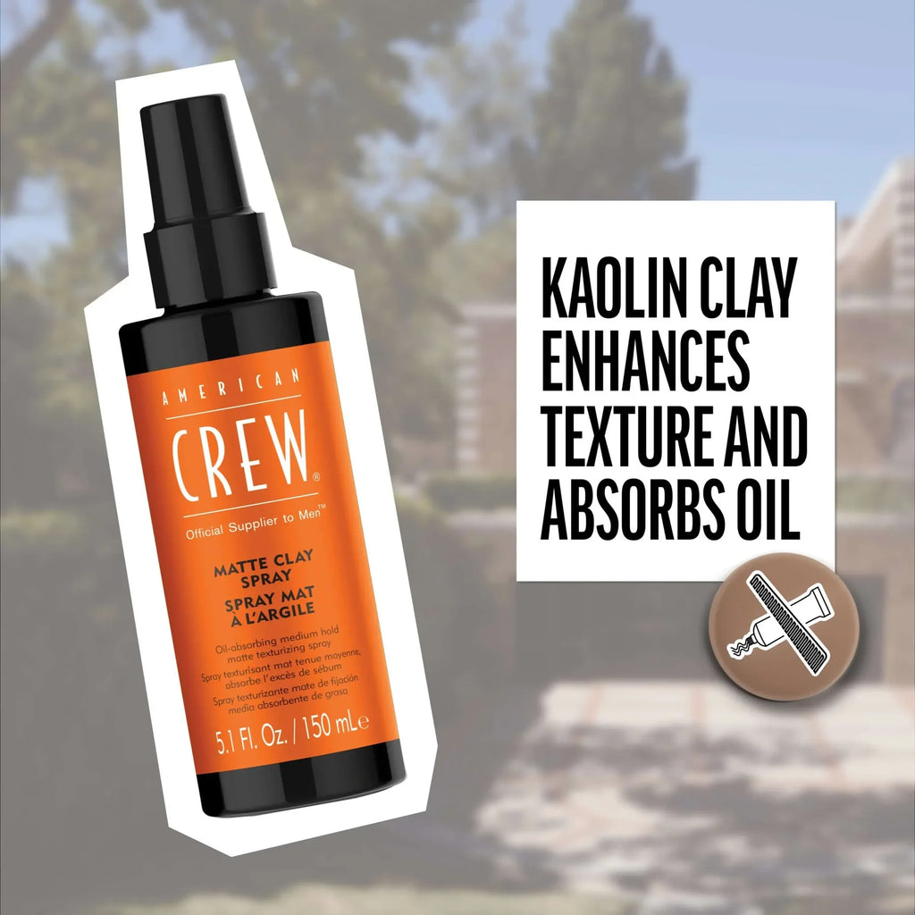 American Crew matte clay spray bottle with text about kaolin clay benefits on a blurred outdoor background