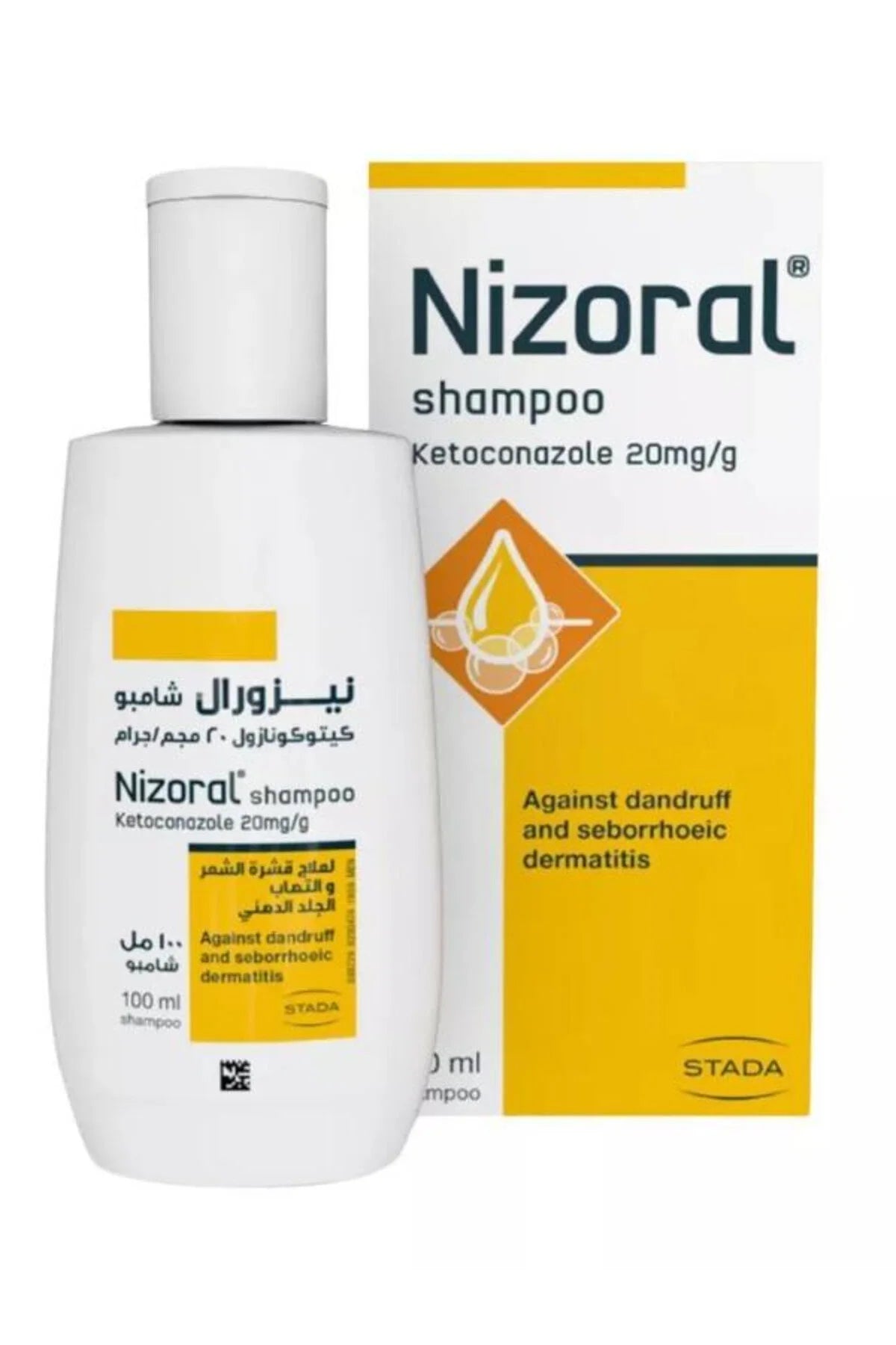 Nizoral shampoo bottle and packaging on a white background