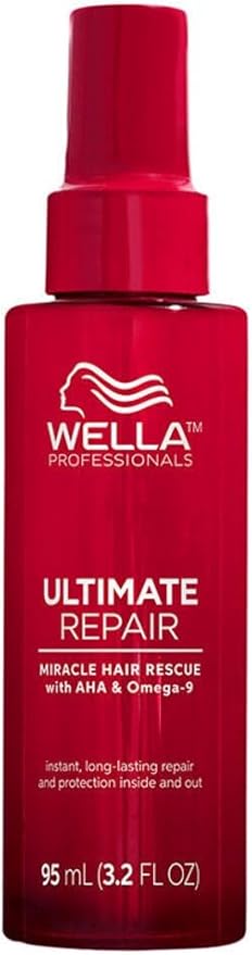 Red bottle of Wella Professionals Ultimate Repair hair product on a white background