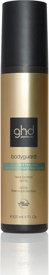ghd bodyguard hair spray bottle with black and gold design