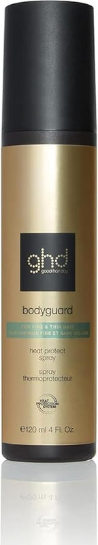 ghd bodyguard hair spray bottle with black and gold design