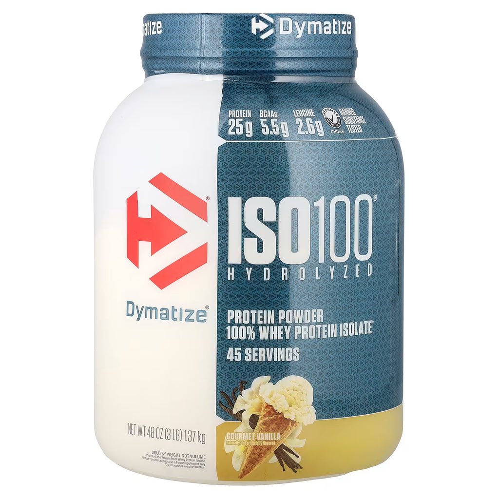 Dymatize ISO 100 protein powder container on a white background