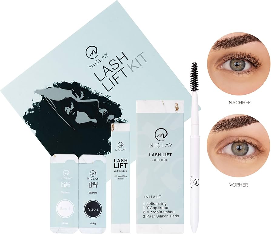 Niclay Lash Lift Kit with packaging, applicator, and before-and-after images of eyelashes.