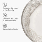 Close-up of a hair care product with bubbles and text highlighting benefits on a white background.