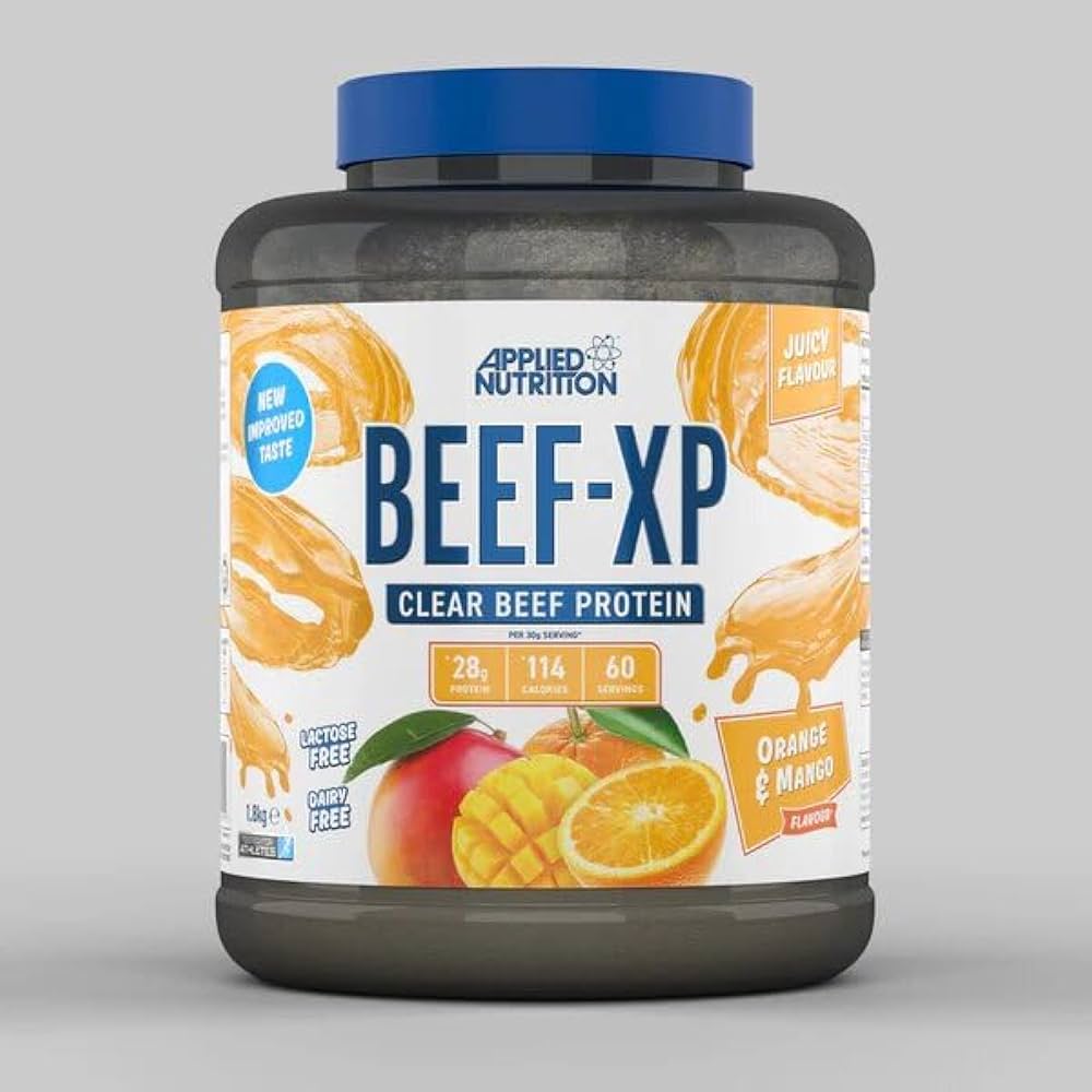 Applied Nutrition Beef-XP protein powder container with orange and mango flavor on a gray background