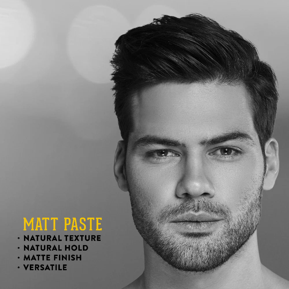 Man with styled hair and text about 'Matt Paste' product features on a gray background