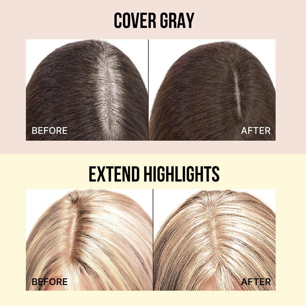 Before and after comparison of hair color treatment to cover gray and extend highlights.