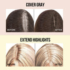 Before and after comparison of hair color treatment to cover gray and extend highlights.