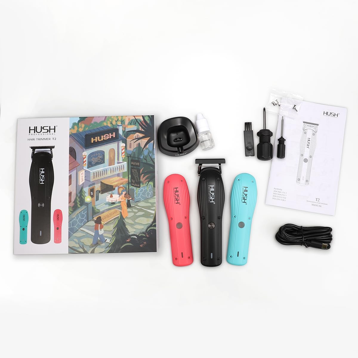 Hush Professional Hair Trimmer T2 for Men – Beard Trimmer with Fourth-Gen T-Outliner Blade, 7200 RPM Powerful Motor, Low Noise Cordless Trimmer with 2 Interchangeable Body Kits