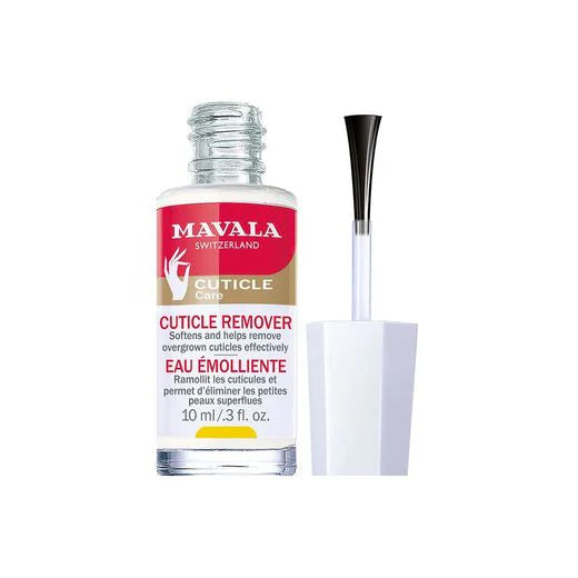 Mavala cuticle remover bottle with applicator on a white background
