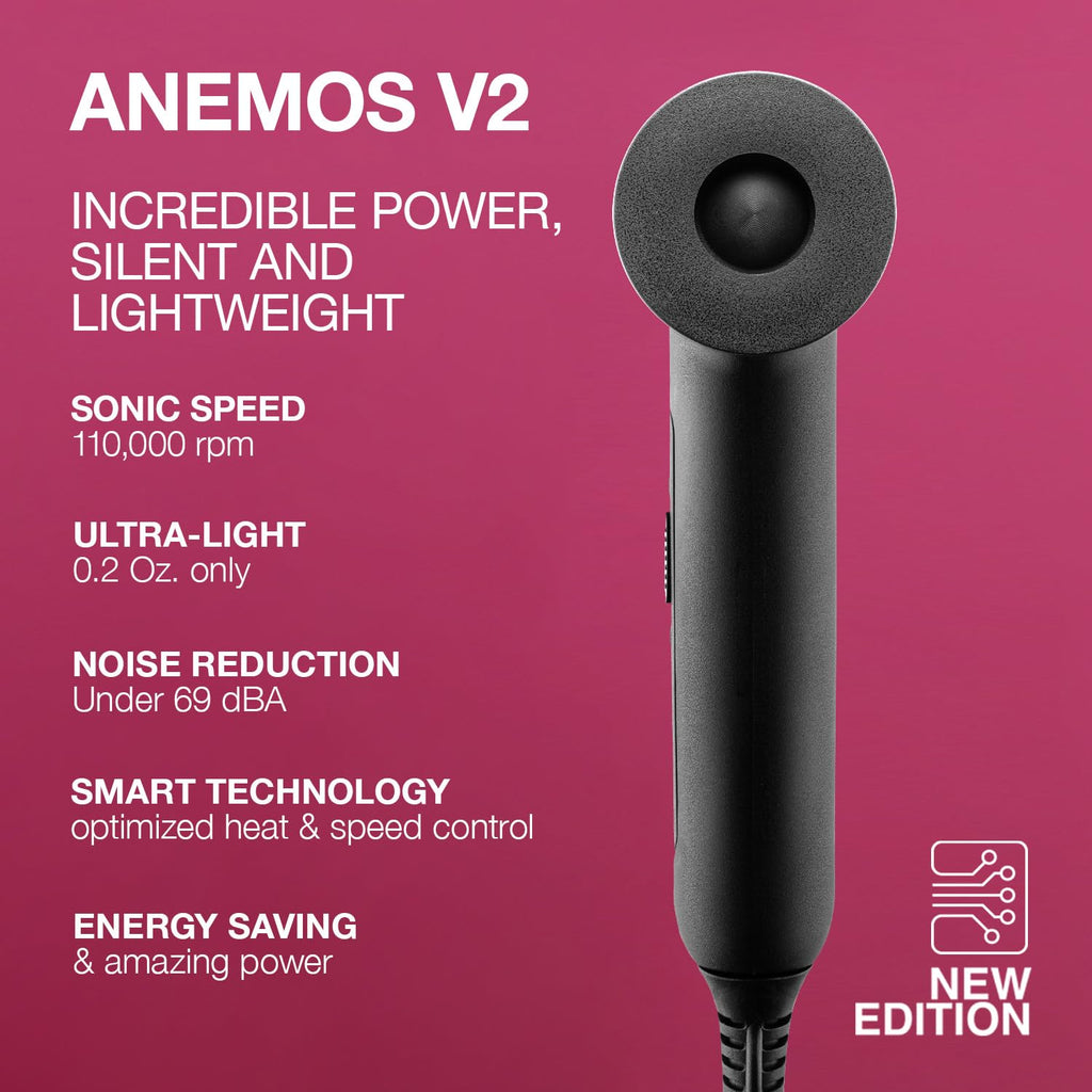 Black hair dryer with features listed on a pink background
