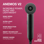 Black hair dryer with features listed on a pink background