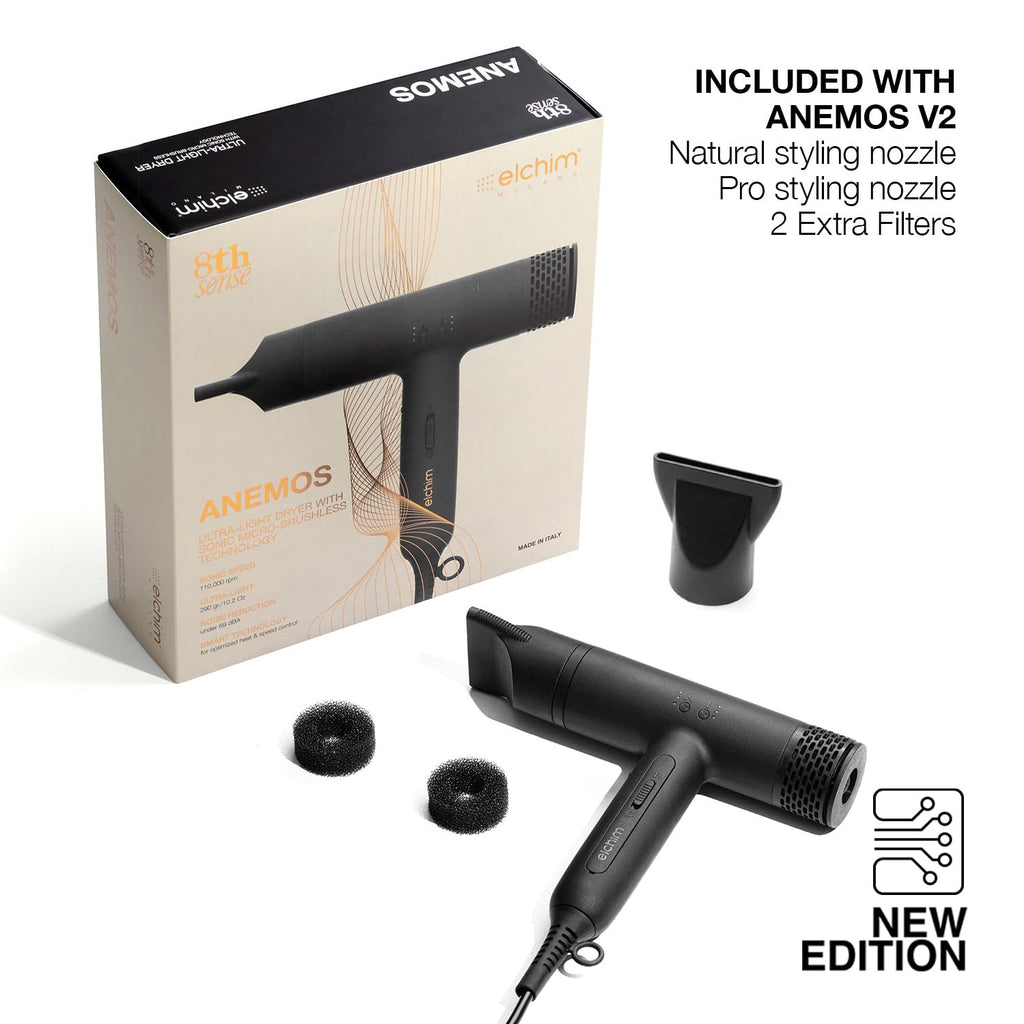 Anemos V2 hair dryer with packaging and accessories on a white background