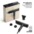 Anemos V2 hair dryer with packaging and accessories on a white background