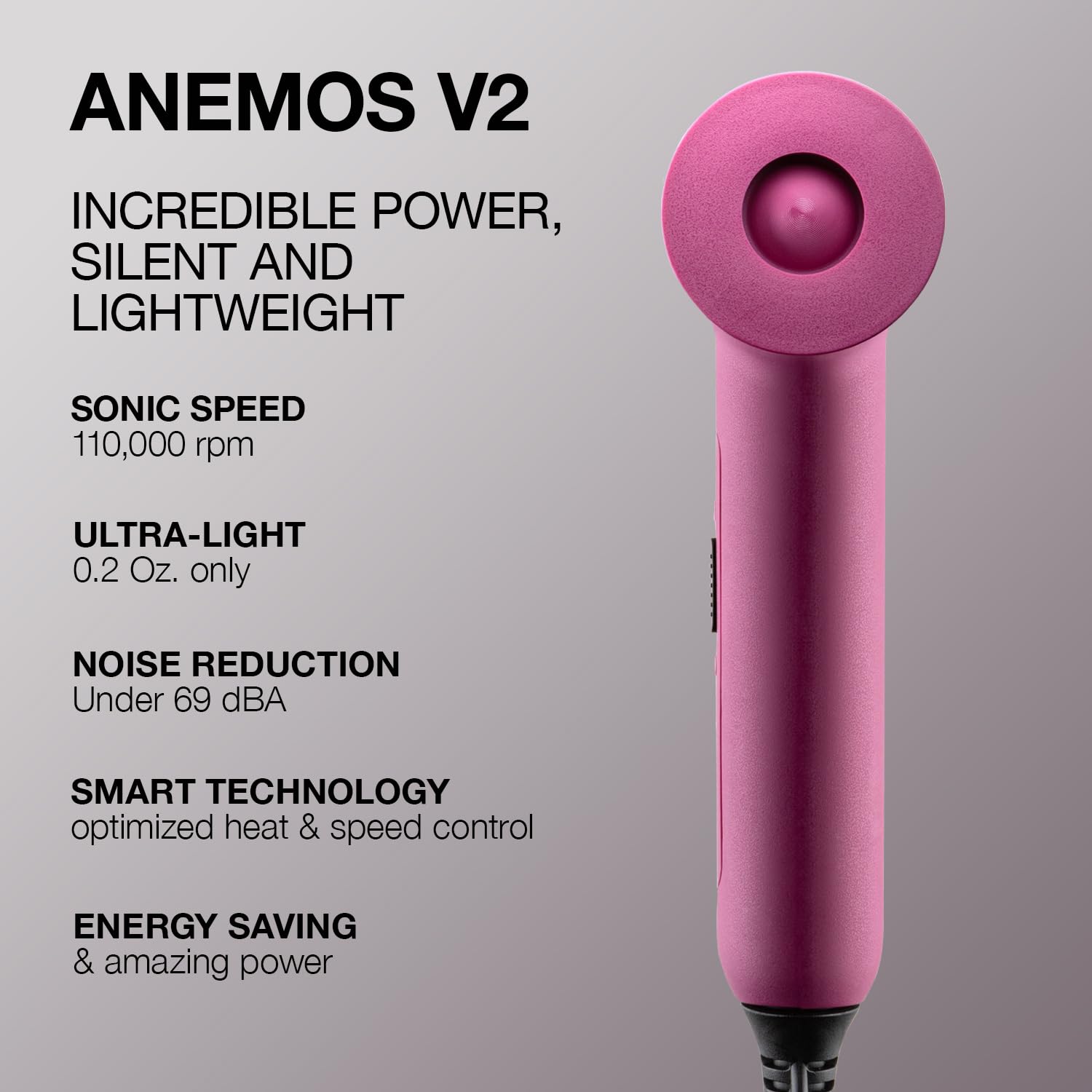 Elchim - Anemos V2 Ultra-Light Professional Hair Dryer with Sonic Micro-Brushless Technology - Pink Purple, 1875 Watts