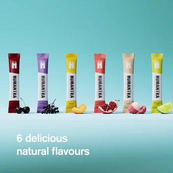 Assorted packets of a brand on a blue background with text '6 delicious natural flavours'.