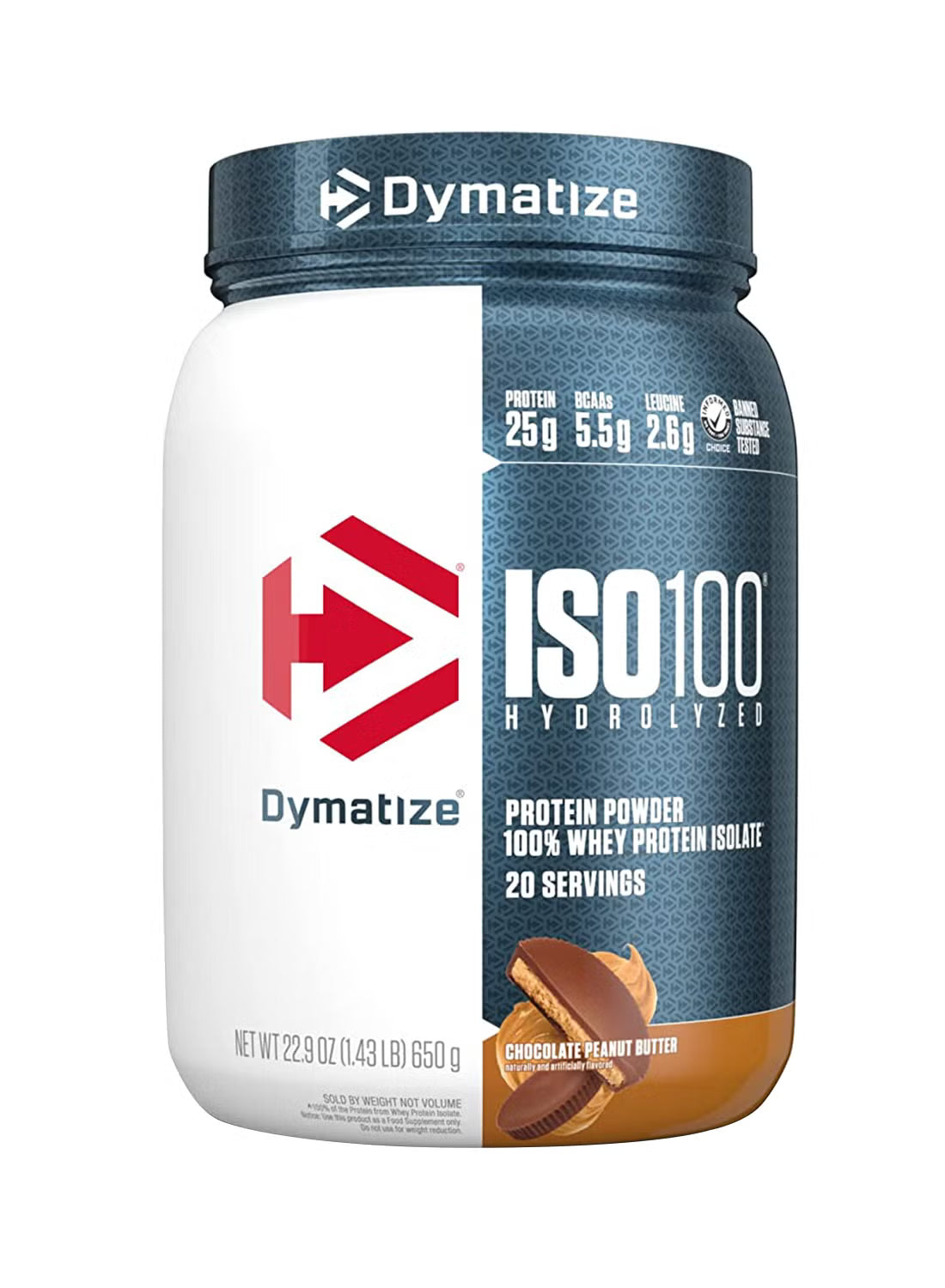 Dymatize ISO100 Hydrolyzed protein powder container on a white background