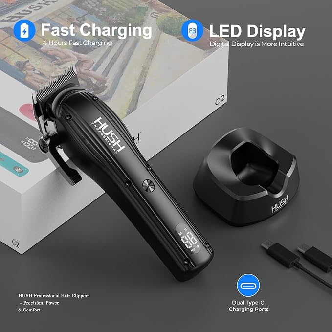 HUSH PROFESSIONAL Cordless Hair Clipper for Men – Low Noise Clippers with 2 Interchangeable Body Kits, Powerful Motor with Long Motor Life, Cool Blade Technology, 4H Fast Charging, LED Display