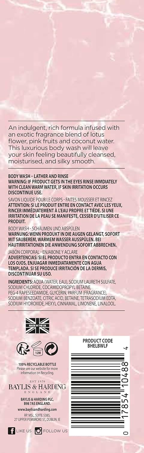 Back of a cosmetic product packaging with text and branding on a pink background
