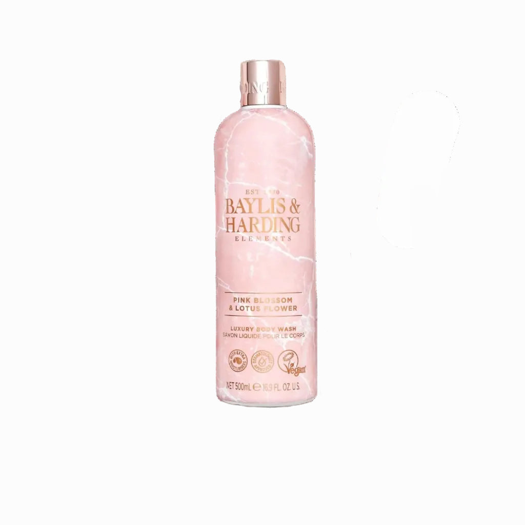 Pink bottle of Baylis & Harding body wash with cherry blossoms on a light background